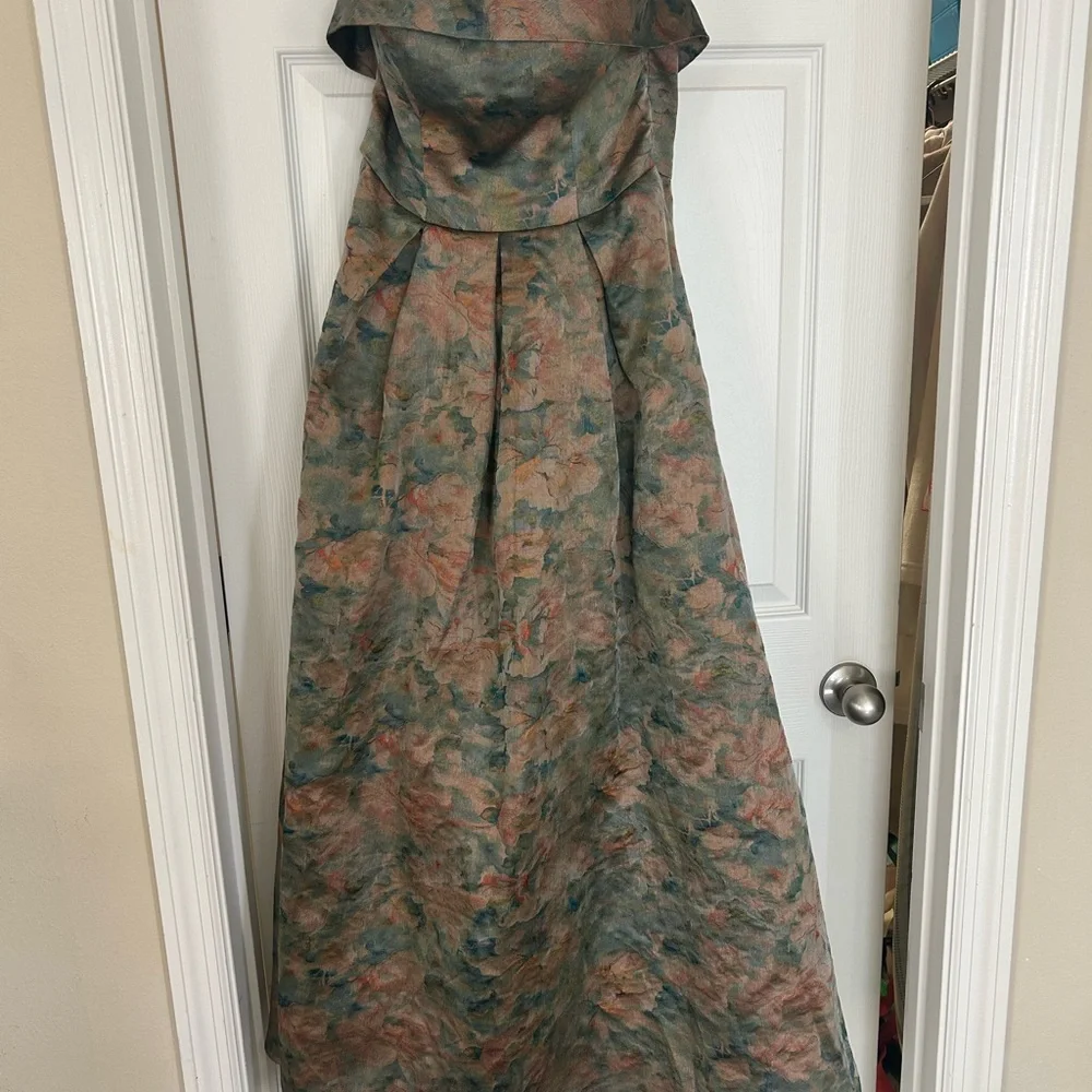 Azazie Strapless Floral Dress in Green and Gold - Picture 3 of 7